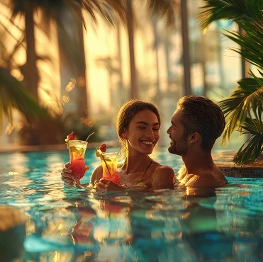 Para relaksująca się w basenie z koktajlami w tropikalnej atmosferze z cieniami palm