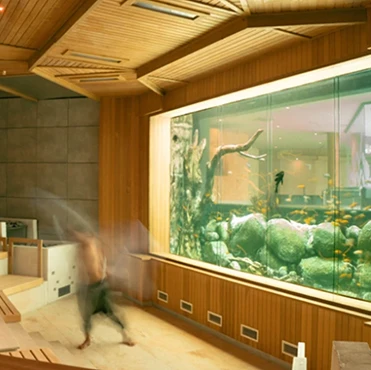 Nowoczesna sauna z drewnianymi elementami, dużym akwarium z rybami tropikalnymi i relaksującą atmosferą